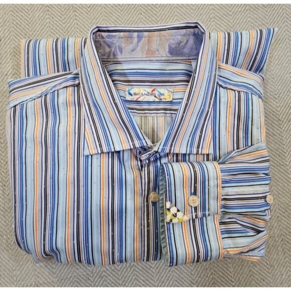 Brandolini Dress Shirt Men's XXL Blue Orange Stripe Long Sleeve Textured EUC - Picture 16 of 16